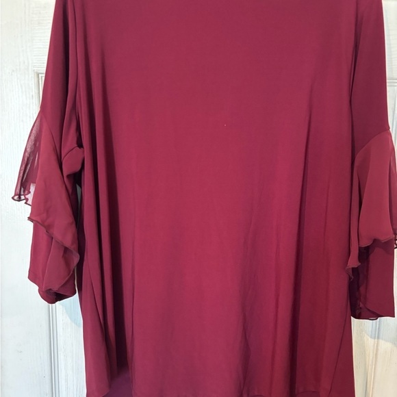 NWOT Liz McCoy Burgundy Knit Top With Chiffon Ruffle On Front - Picture 2 of 6